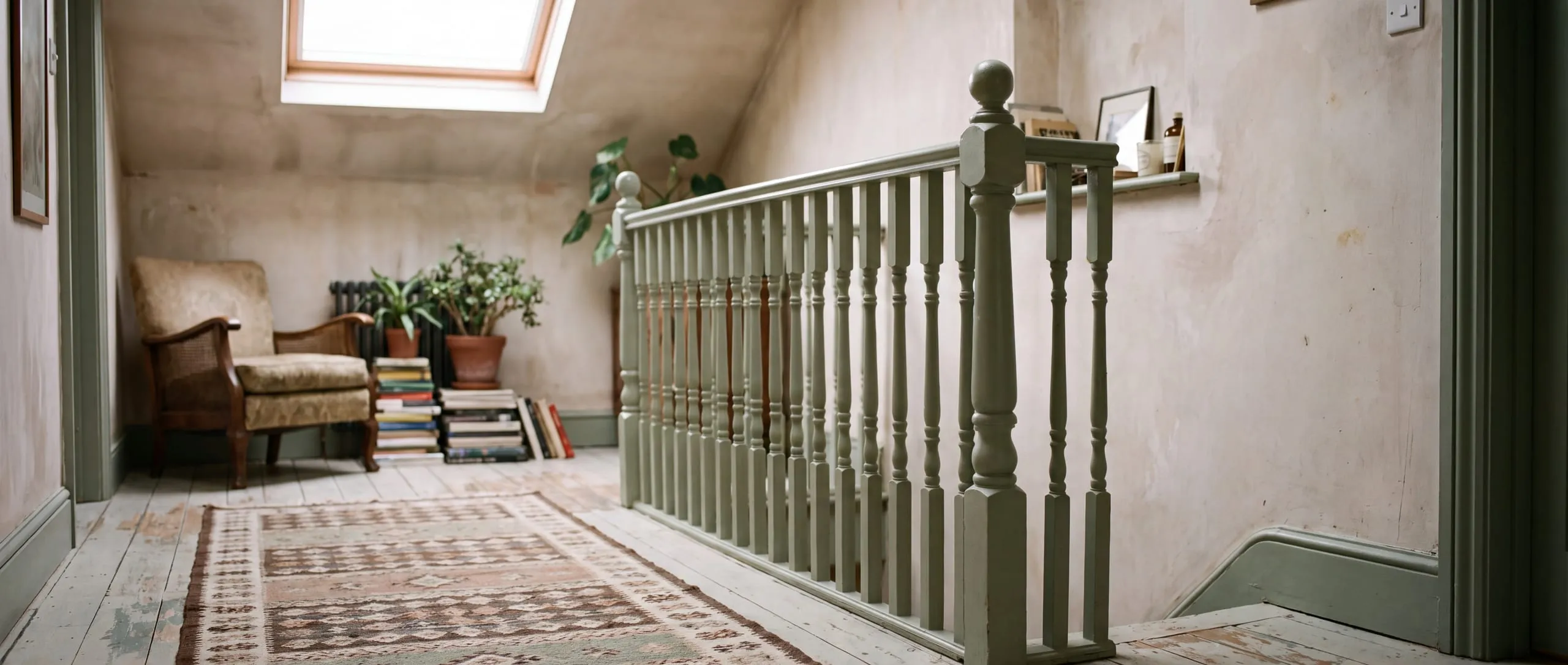 An upstairs landing with a painted balustrade, a runner across painted floorboards and daylight from a rooflight