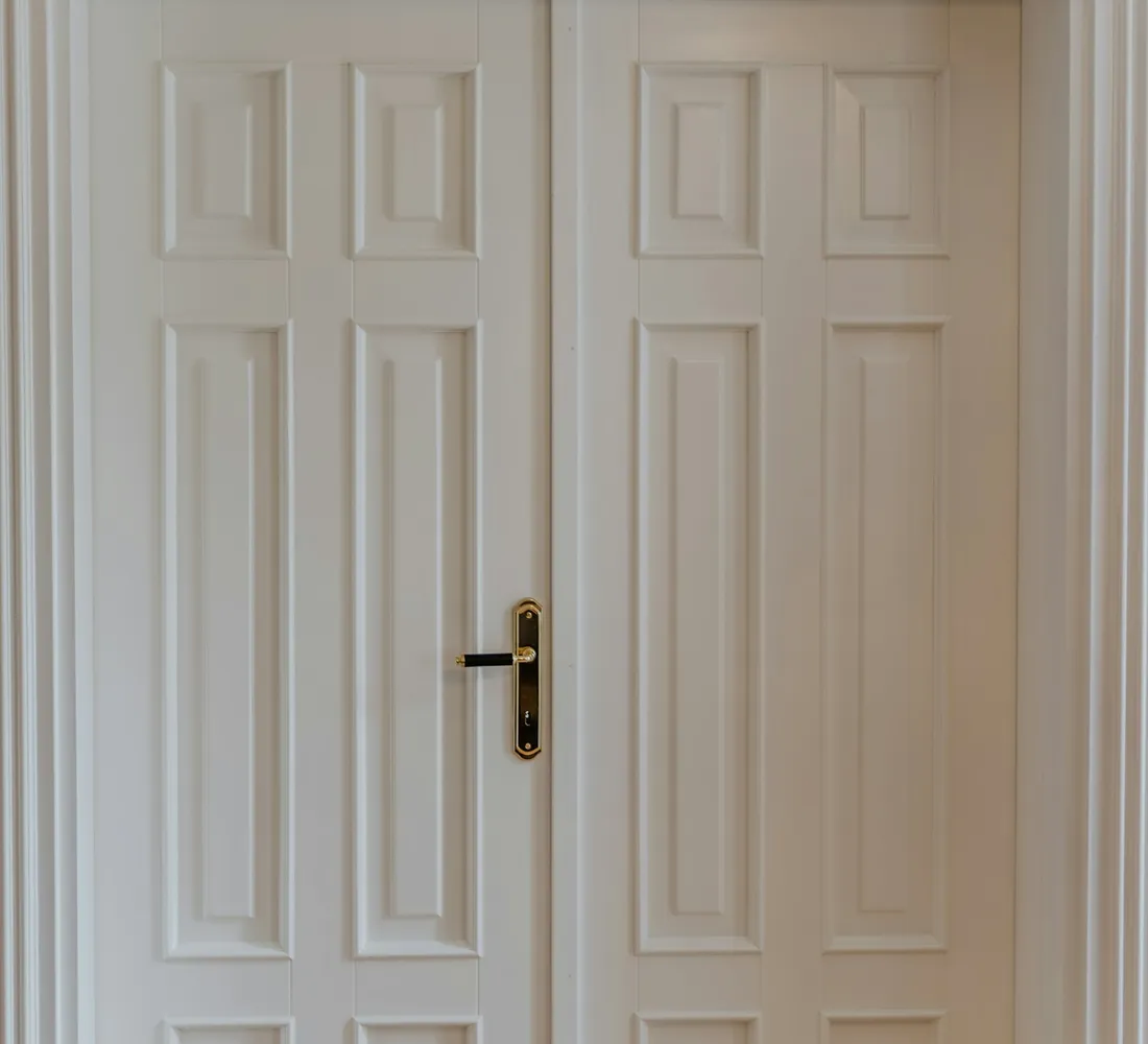 A white six-panel door, closed, in a painted domestic hallway