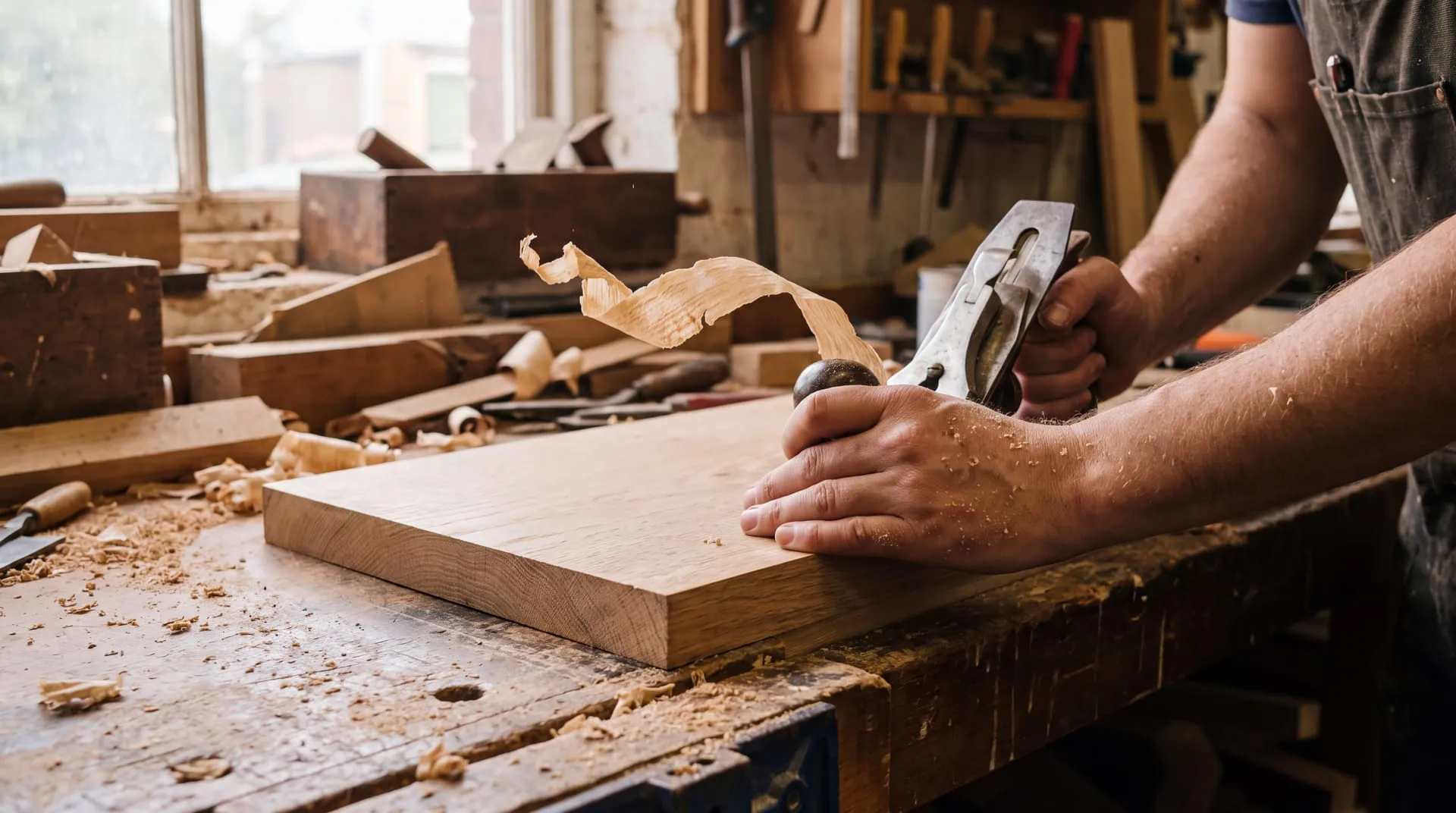 A hand plane taking a fine shaving off the edge of a timber board on a workbench